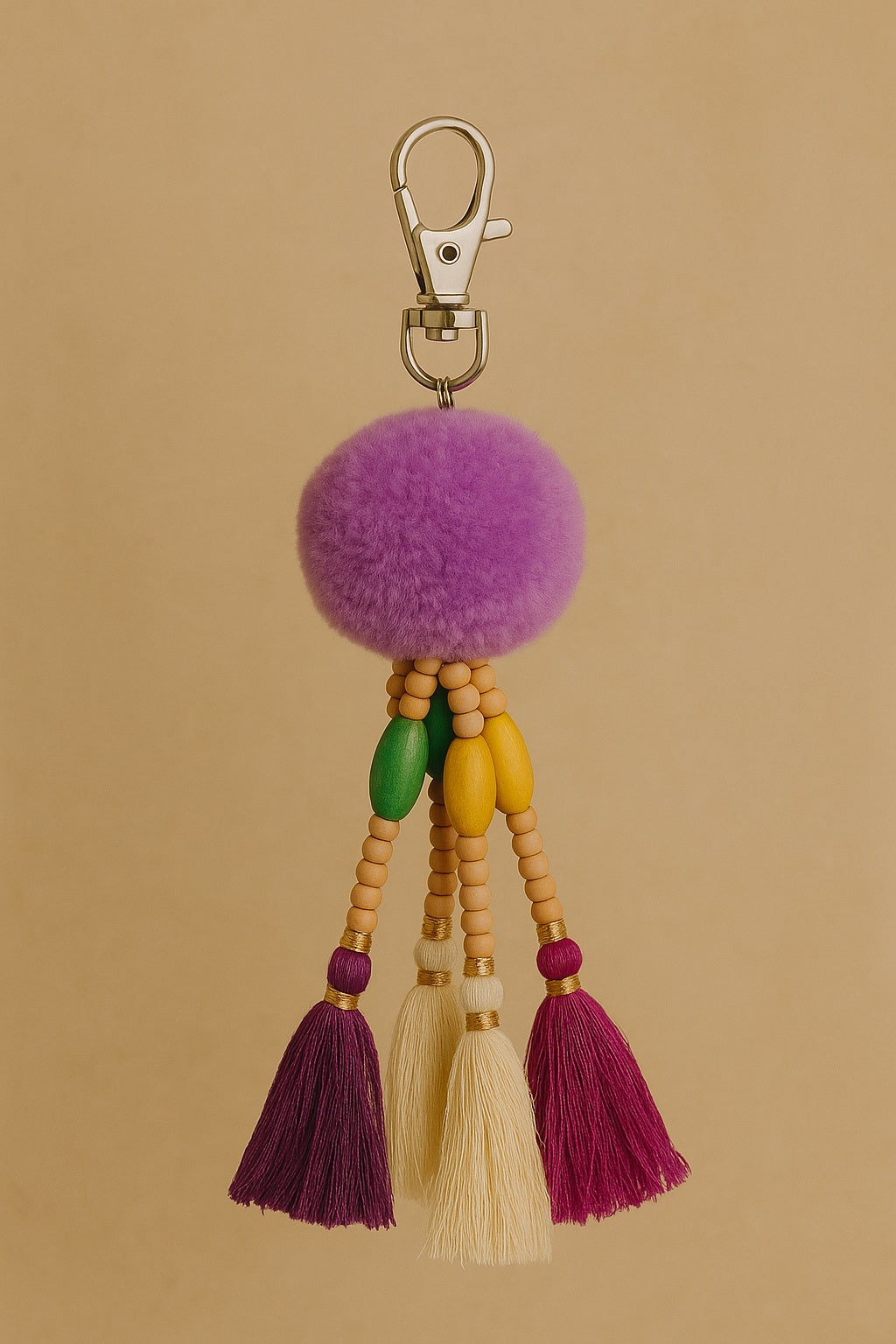 Accessoire en pompon de laine et bois verni fait main