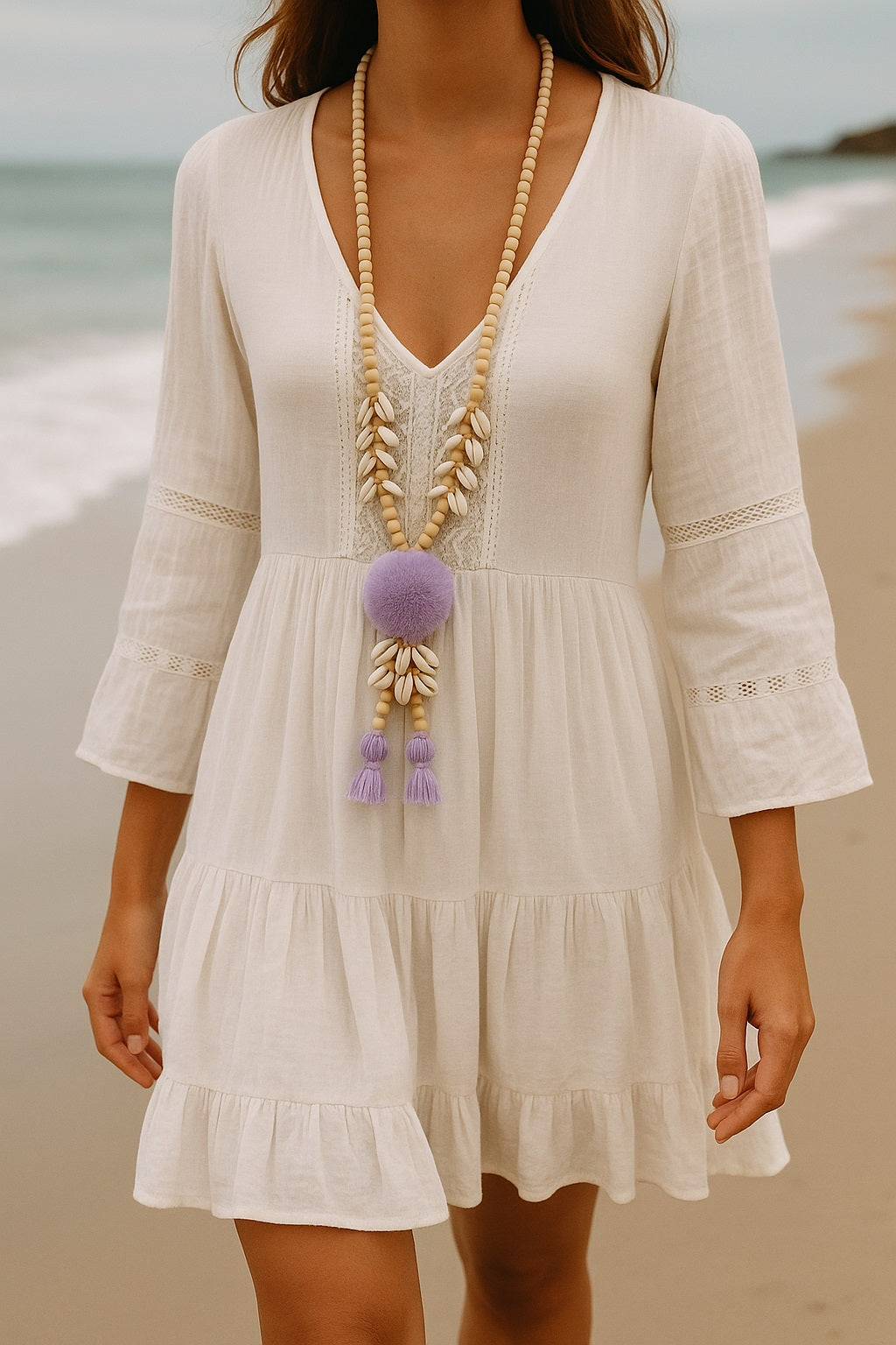 Sautoir Pompon, Coquillages et Perles de Bois - Fait main