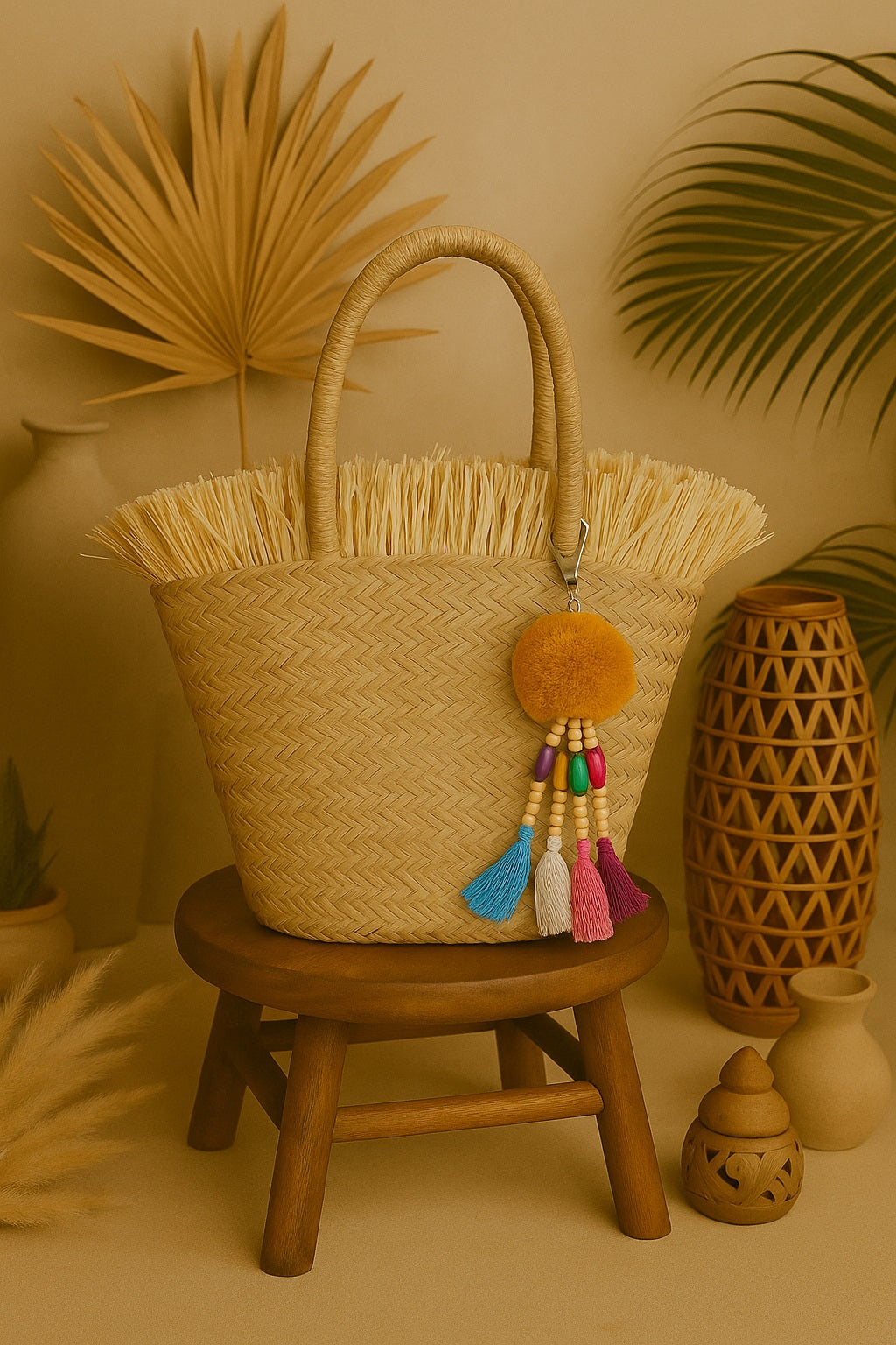 Accessoire en pompon de laine et bois verni fait main